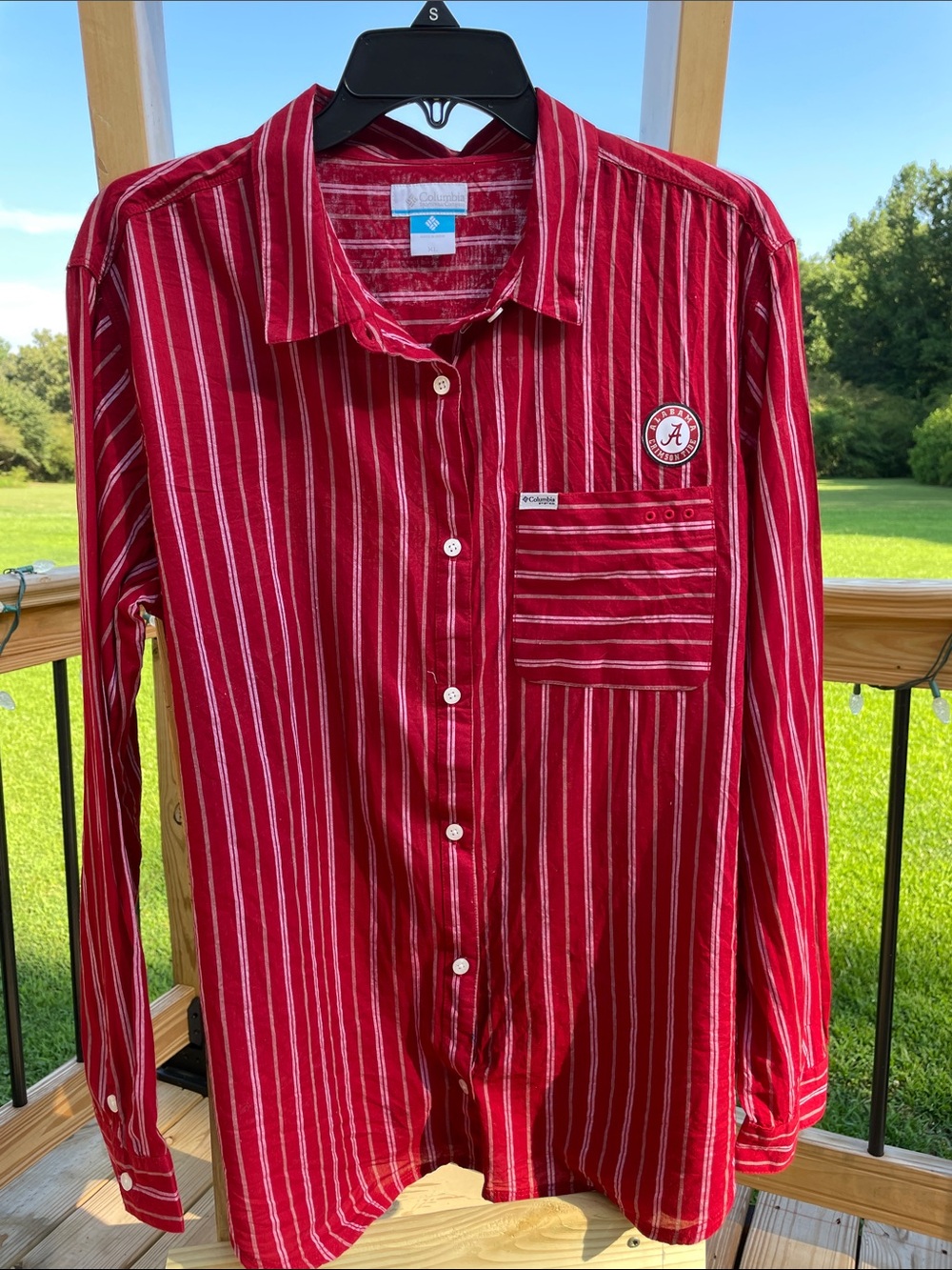 UAB Columbia Red and White Striped Button-Down Shirt with Chest Patch